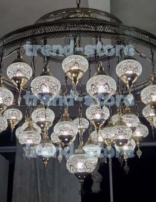 極美品★ 手作りトルコランプ クラックガラス 27灯 シャンデリア インテリア 直結タイプ 豪天井照明 南トルコ細工拍卖
