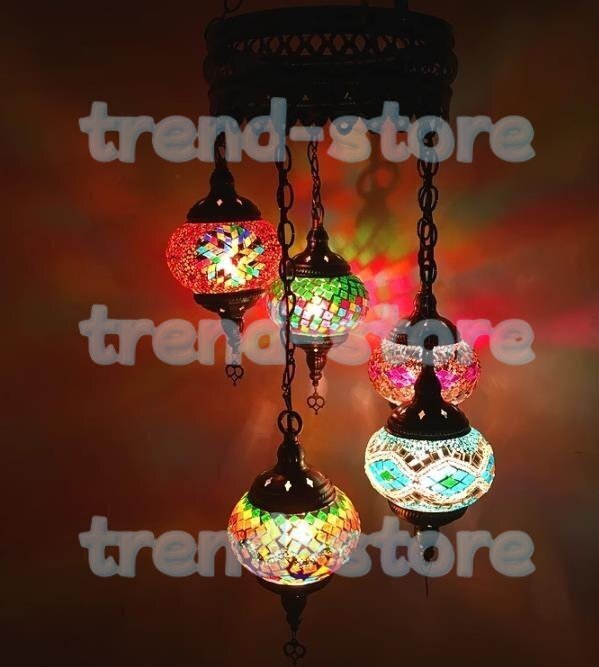 トルコランプ職人手作りカラーガラス 吊り下げ照明リビング、寝室、レストラン、カフェー、ホテル、民宿、バー飾り5灯式 A拍卖