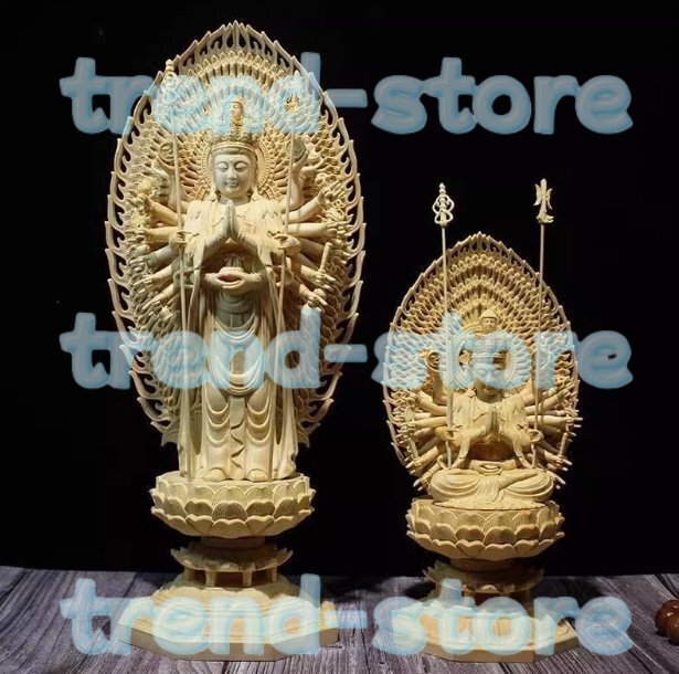 木彫 2点セット 千手観音 千手観音菩薩 立像 坐像 十二支守り本尊 彫刻仏像 極上彫 仏教工芸品拍卖