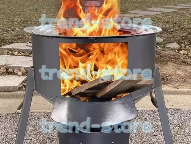 キャンプ 薪ストーブ、ウッド ストーブ、 木炭ストーブ、 焚き火台 2.7mm厚鋼 ストーブリング付き 取り外し可能なスタンド 48cm拍卖