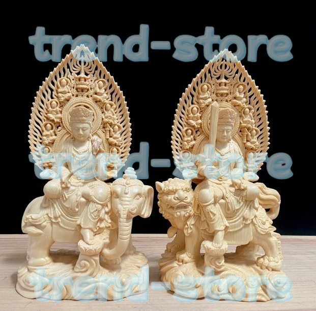 文殊菩薩 普賢菩薩 仏教工芸品 木彫仏像 仏師手仕上げ品拍卖