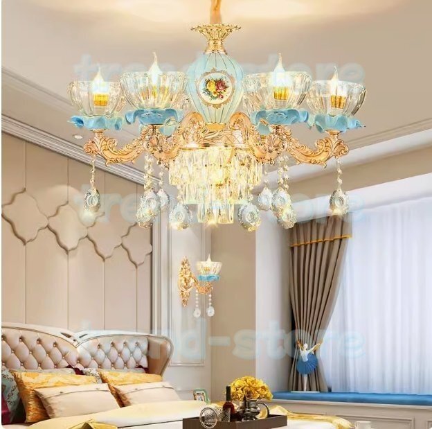 リビングシャンデリア欧風クリスタルシャンデリア贅沢大気青色レストラン寝室ライト贅沢家庭用豪華別荘照明器具6灯拍卖