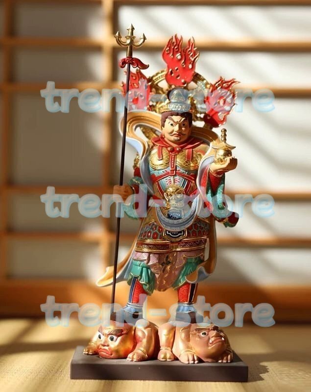 開運七福神 毘沙門天 極彩色絵系 柘植(ツゲ)高さ32.5 cm 仏像 置物 多聞天 木彫り 置物拍卖