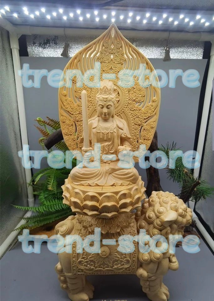 仏像 文殊菩薩 神獣台座 木彫り 開運 仏教美術 精密彫刻 仏教工芸品拍卖