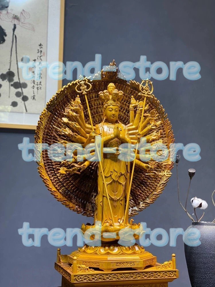 荘厳仏教美術・千手観音・千手観音菩薩・千手千眼観自在菩薩蓮華王・十一面千手観音菩薩立像・観音菩薩・香樟材・木彫・供養品・高さ70cm拍卖