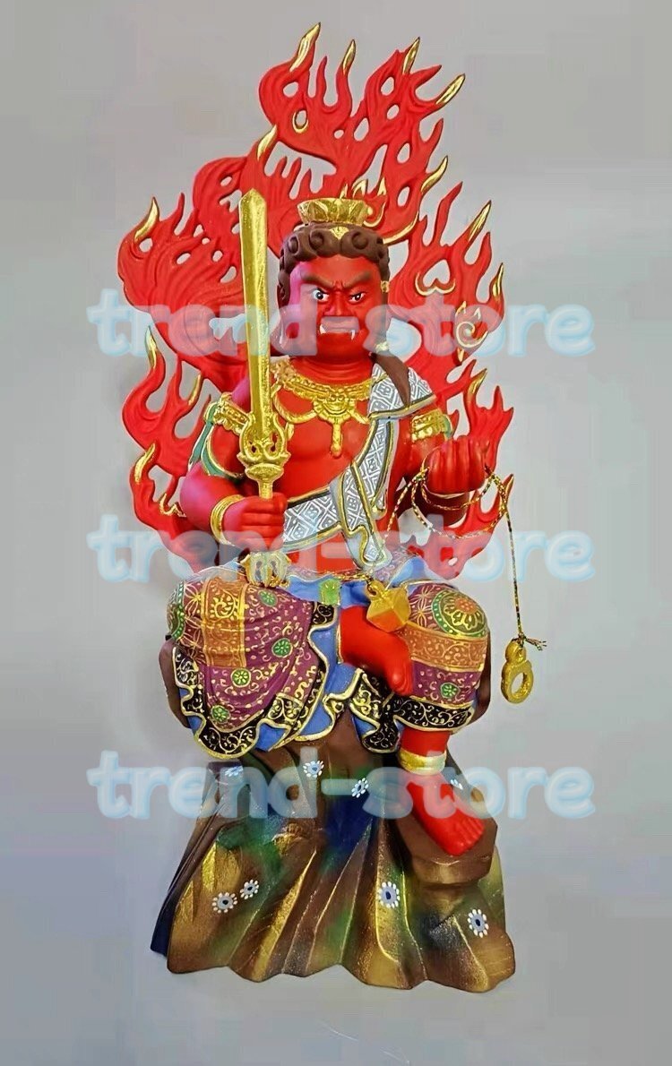 仏像 木彫り 不動明王 32cm 守り本尊 木製 仏像 厄除け 魔除け /極彩色絵系拍卖