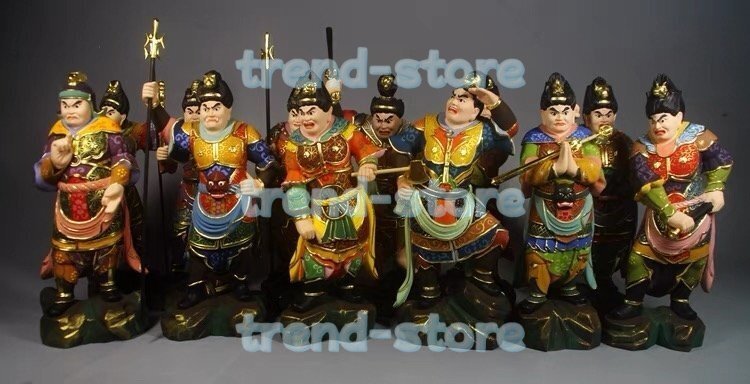 仏像 木彫り 十二神将 立像 セット 天然ツゲ木彫り 仏教美術品 黄楊 柘植 極彩色絵系 (高さ18cm×巾7cm) ◆彫刻仏像拍卖