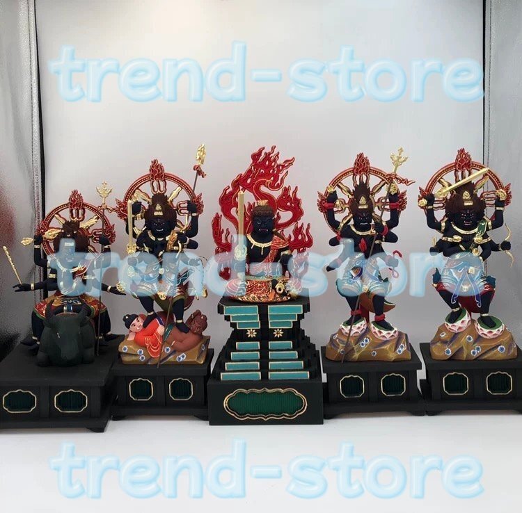 最高級 総檜材 仏教工芸品 五大明王 彩繪 本金 切金 木彫仏教 精密彫刻 仏師で仕上げ品 木彫仏像 五大明王像 一式拍卖