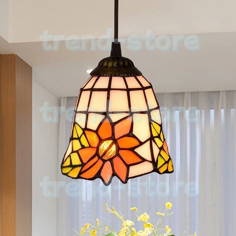 引っ掛けシーリング式ペンダントライト LED対応 ガラスレール照明 モダン ひまわり柄 ステンドガラス レトロ アンティーク 花柄拍卖