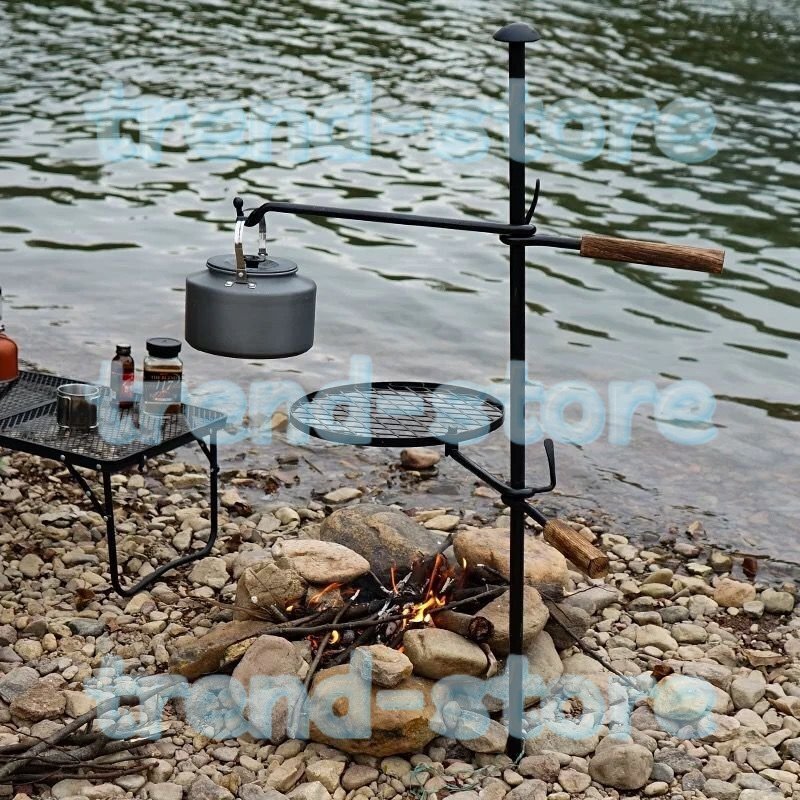 ファイアスタンド ファイヤーラック 焼き網付き 焚き火台 鋳鉄製 打ち込み式 全長122cm 組み立て簡単 アウトドア用 多機能拍卖