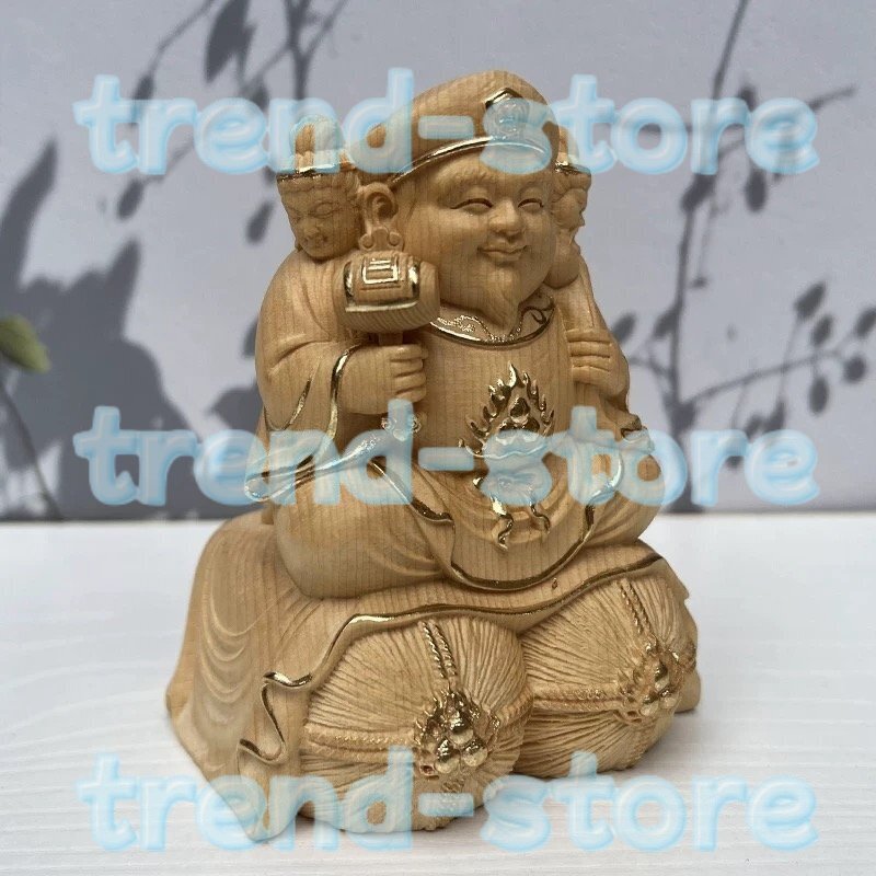 最新作 檜材 切り金 七福神 三面大黒天 大黒天 台付き 木彫仏像 仏教美術 精密細工 仏師で仕上げ品 高さ12cm拍卖