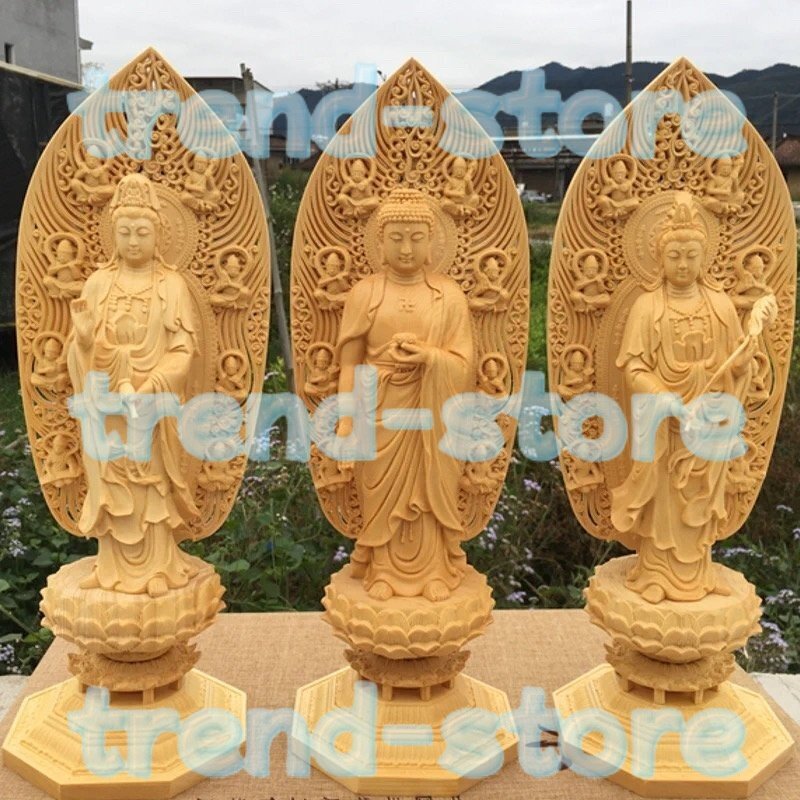 ♪即决 仏教美術 阿弥陀如来三尊 檜木 西方三聖 3点セット 阿弥陀如来 勢至菩薩 観音菩薩 仏師手工精彫り 木彫仏像拍卖