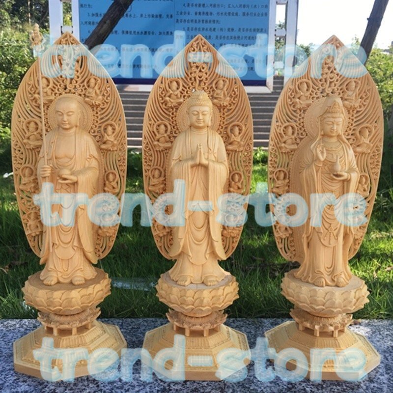 精密彫刻 娑婆三聖 地蔵菩薩 釈迦如来 観音菩薩 三尊立像 仏教美術 総檜材 仏教工芸品 木彫仏教 大型43cm拍卖