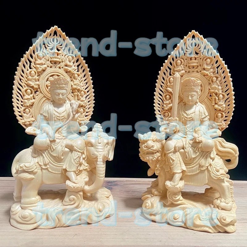 珍品 木彫仏像 文殊菩薩 普賢菩薩 座像 一式 彫刻 天然木檜材拍卖