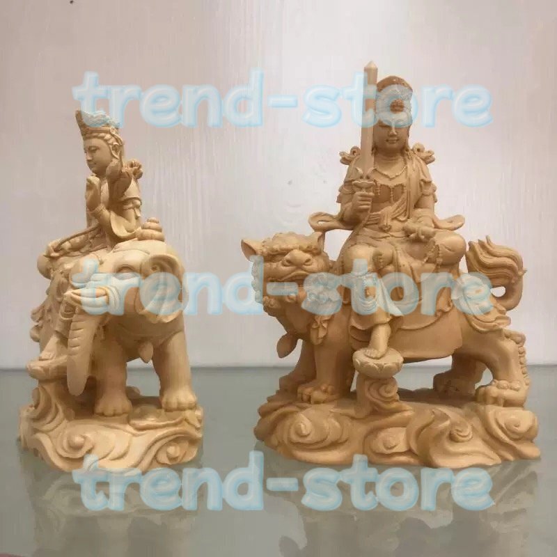 木彫り仏像【文殊菩薩 ・普賢菩薩】2点セット 桧木製高級木彫り 開運十二干支お守り本尊 風水 祈る 厄除け (桧木)拍卖