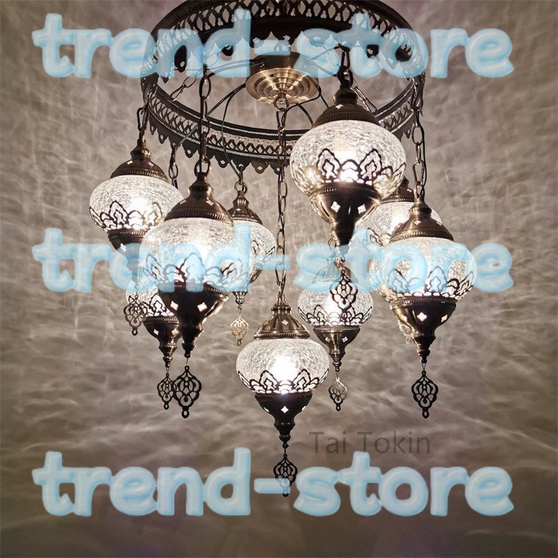 国内稀少! 9灯 手作りトルコランプ クラックガラス 直結タイプ 天井照明 南トルコ細工 シャンデリア インテリア拍卖