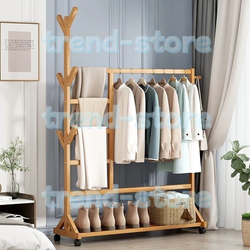 ハンガーラック 木製 頑丈 衣類収納 多機能収納 洋服ラック 洋服掛け ズボン掛け コートハンガー 帽子ラック キャスター付き (オリジナル)拍卖