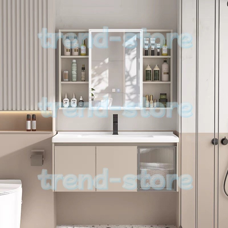 防水 バスルームキャビネット 照明付きLEDミラーキャビネッ 多機能バスルームロッカー化粧品用収納機能アルミ製収納キャビネッ100cm拍卖