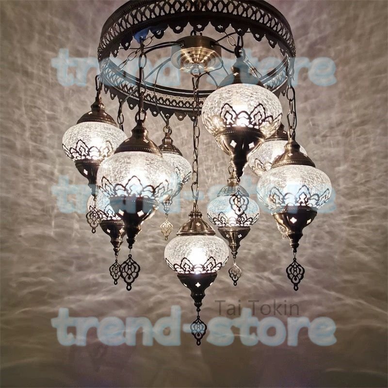 国内稀少! 9灯 手作りトルコランプ クラックガラス 直結タイプ 天井照明 南トルコ細工 シャンデリア インテリア拍卖