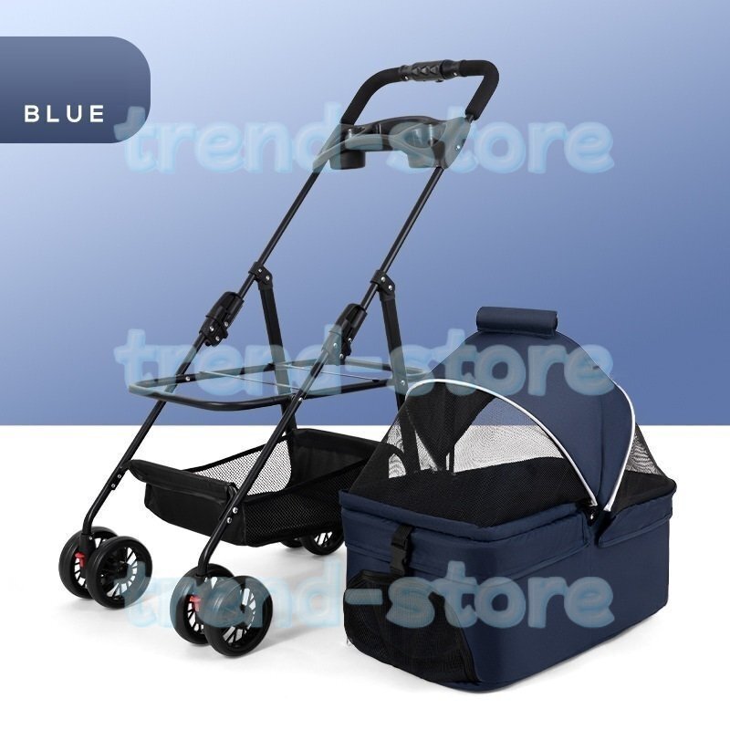 ペットカート分離式 折り畳み 4輪 ピンク ストッパー付き 小物入れ 手洗い 軽量 お出かけ 散歩 ブルー拍卖