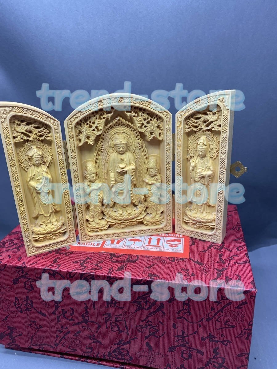 極上品 阿弥陀三尊 西方三聖 (観世音 阿弥陀如来 勢至菩薩)仏像 三開仏 木彫仏像 仏教工芸品拍卖