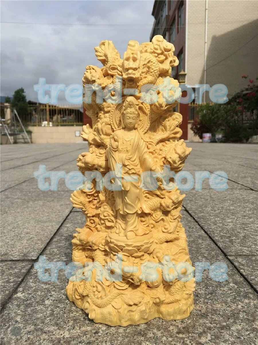 仏教美術 精密彫刻 仏像 観音菩薩像 龍上観音菩薩 九龍観音 ツゲ 仏具 木彫 高さ30cm拍卖