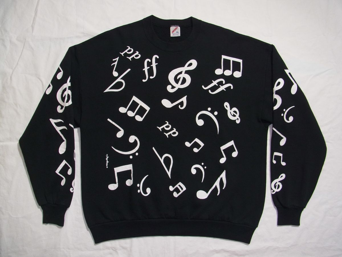 ☆ 80s90s USA製 ビンテージ Michigan Rag Co. ミシガンラグ 音符 音楽記号 総柄 スウェット sizeXL 黒 ☆古着 JERZEES トレーナー ART 拍卖