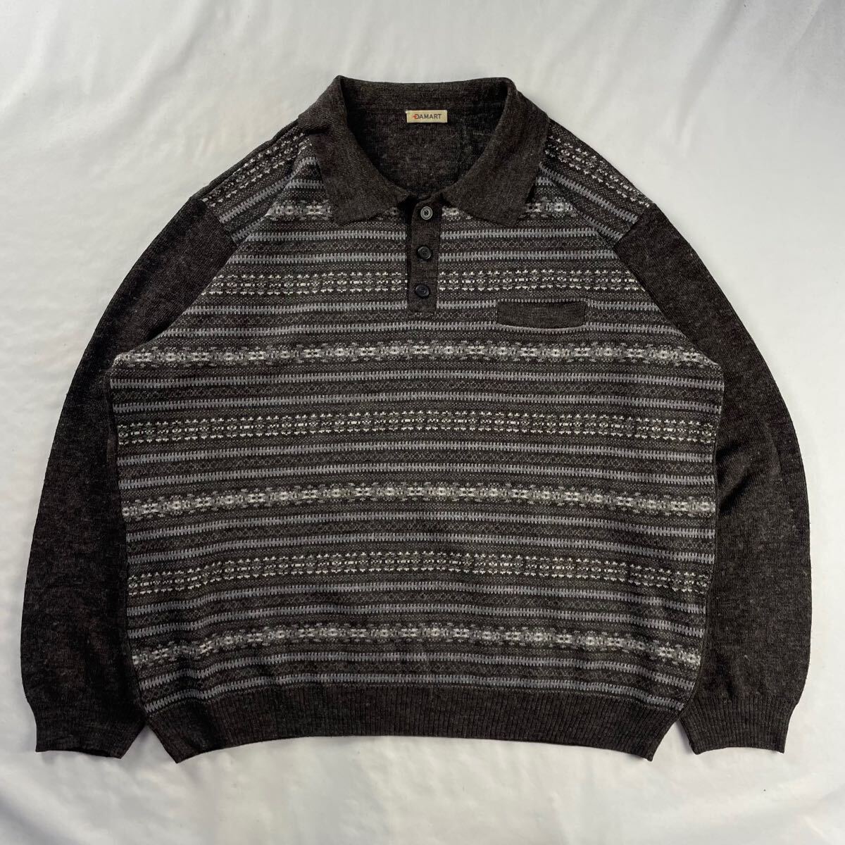 Euro Vintage 90-00s DAMART アクリル70% ウール30% くすみカラー フェアアイル エスニック 民族 幾何学模様 アート ニットポロ拍卖
