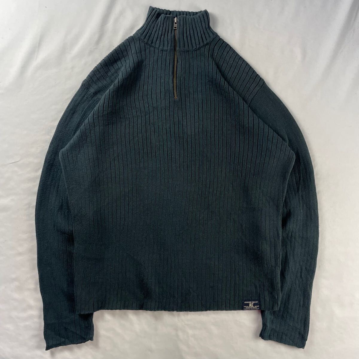 US Vintage AMERICAN EAGLE Vintage Slim Fit コットン100% ハーフジップ 立体 3D 単色 プレーン 青緑 孔雀緑 リブ編み デザインニット拍卖