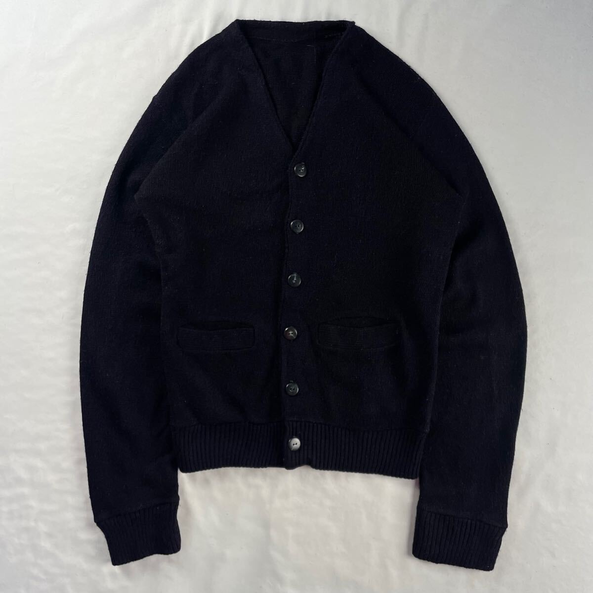 US Vintage 80s Unknown ウール マーブルボタン ポケット 単色 プレーン ネイビー 紺 カーディガン拍卖