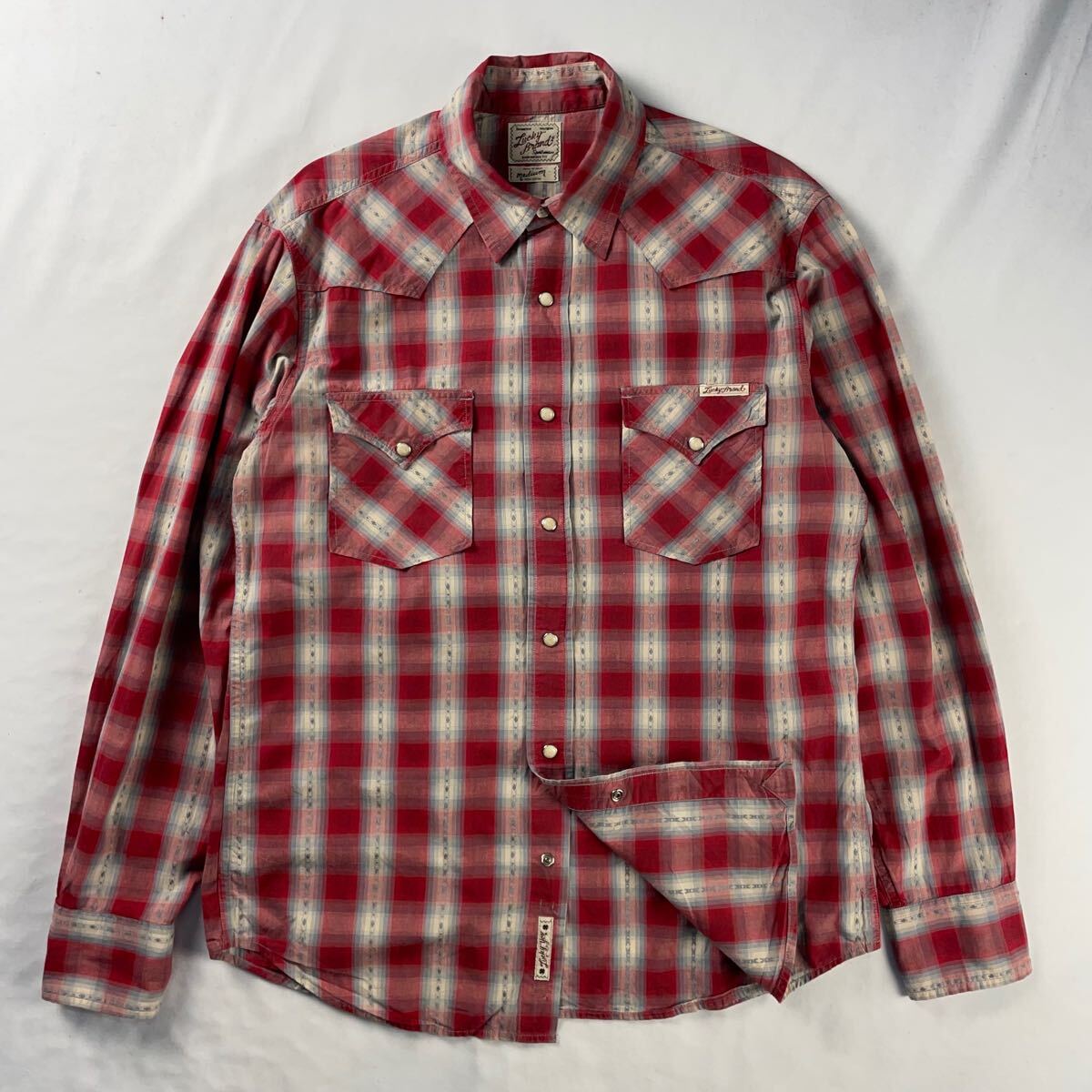 US Vintage 90-00s DUNGAREES コットン 好配色 オンブレチェック 刺繍 エスニック 民族 パールスナップボタン ウエスタン デザインシャツ拍卖