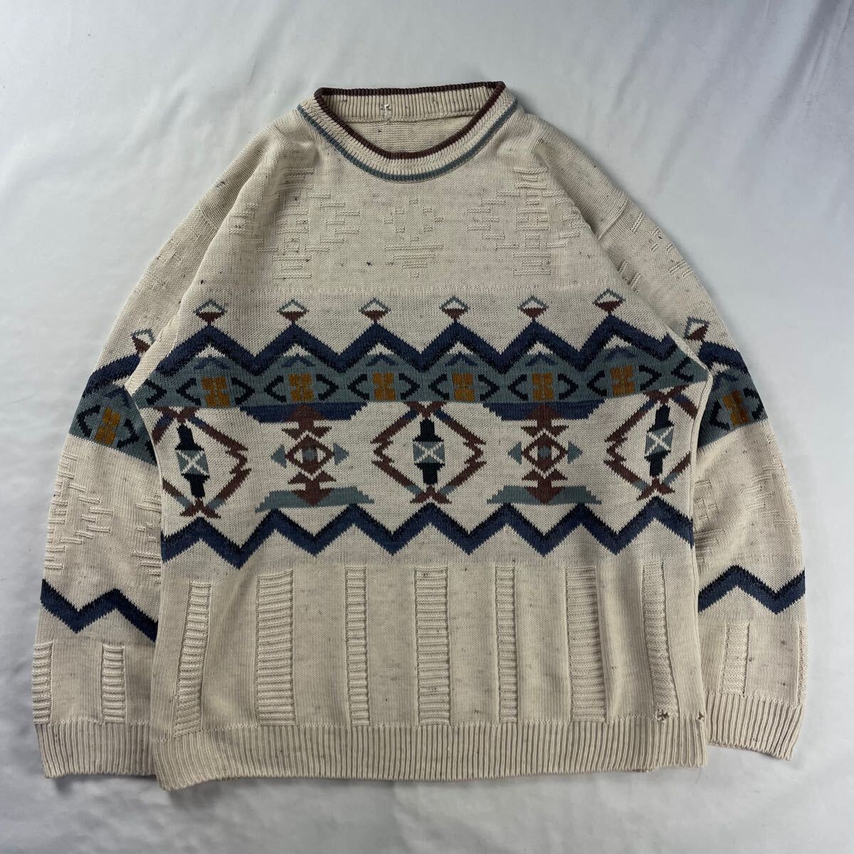 Euro Vintage イギリス製 80-90s St michael くすみカラー 立体 3D 幾何学模様 アート エスニック 民族 ネップ 総柄 デザインニット拍卖