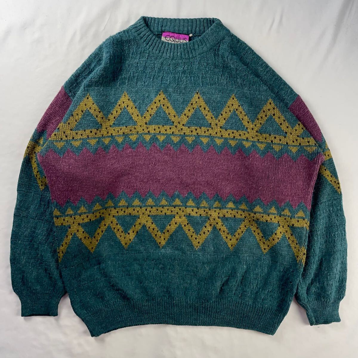 Euro Vintage イタリア製 80s EQUUS 好配色 くすみカラー 立体 3D 幾何学模様 アート クレイジーパターン 総柄 デザインニット 拍卖