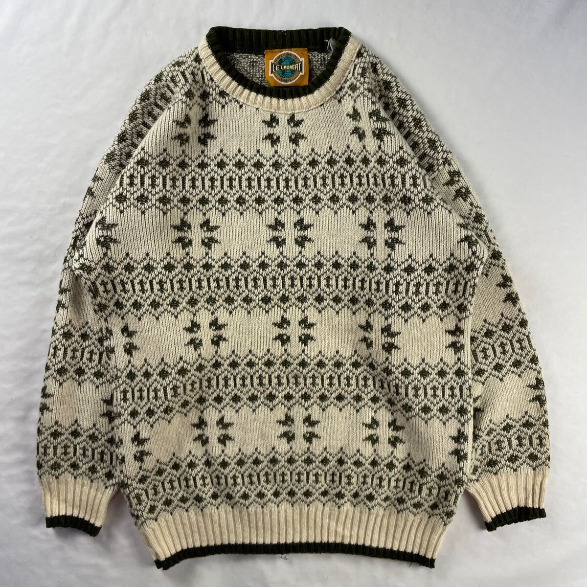 Euro Vintage フランス製 80-90s LE LAUREAT アクリル50% ウール50% 好配色 幾何学模様 アート 装飾 エスニック 総柄 デザインニット拍卖