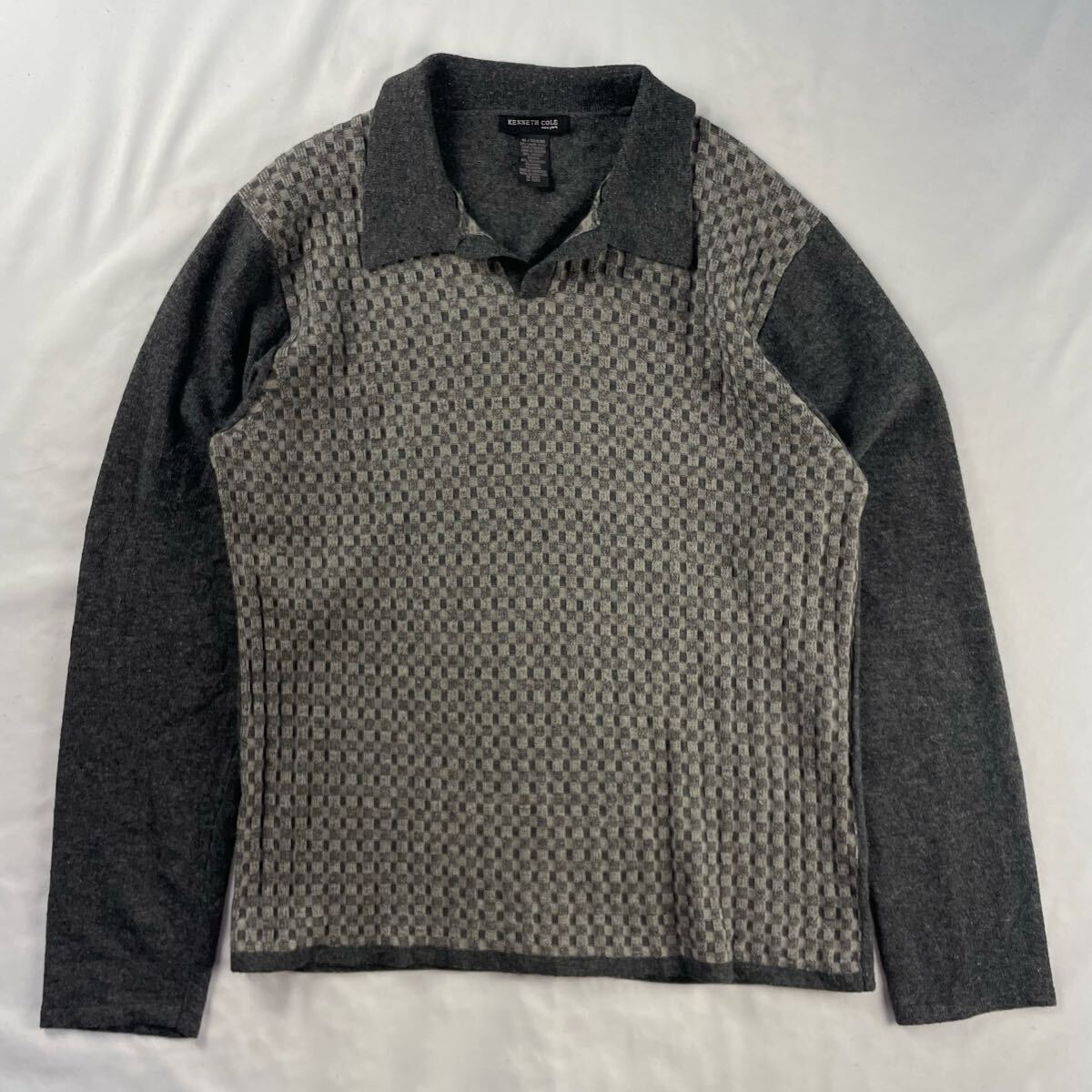 US Vintage 90s KENNETH COLE ラムズウール ビスコース ポリアミド 開襟 オープンカラー 立体 3D 格子柄 ブロック デザイン ニットポロ拍卖