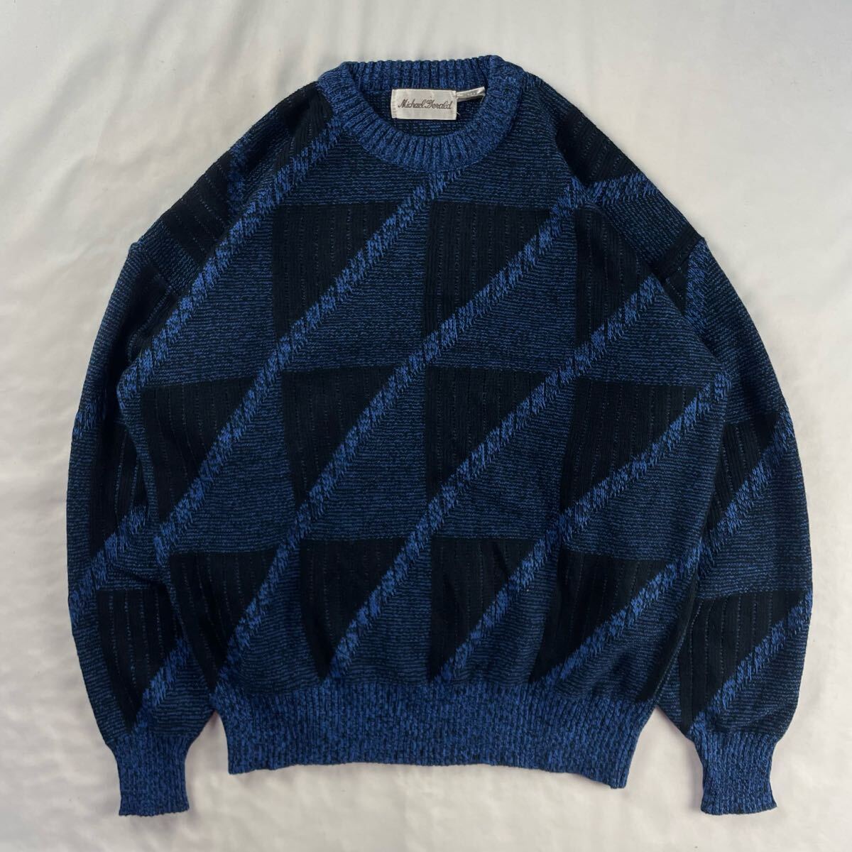 US Vintage 90s MICHAEL GERALD アクリル好配色 立体 3D幾何学模様 アート クレイジーパターン メランジ 総柄 デザインニット拍卖