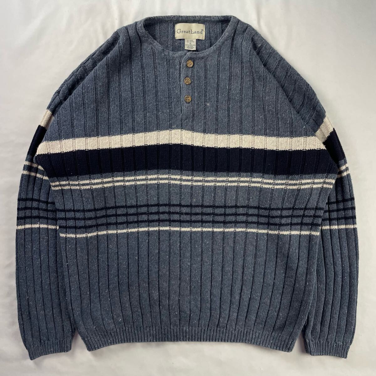 US Vintage 90s Great Land ラミー コットン ヘンリーネック ココナッツボタン くすみカラー 立体 3D リブ編み ボーダー デザインニット拍卖