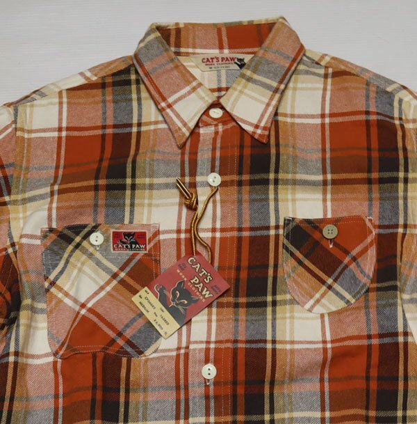 LS26キャッツポー東洋CATS PAW未使用デットストック長袖シャツ織りネルシャツワークシャツMアウトドアシャツ裾マチ付き赤系xクリーム系他拍卖