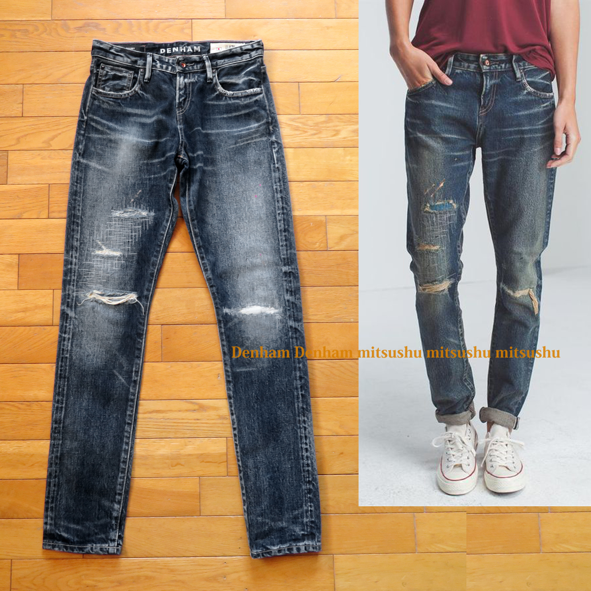 ★美品★ デンハム デニム 最高級日本製 Point ★ W25 ★ ダメージペンキ加工 レディース ジーンズ DENHAM セルビッチ 定価7.4万 赤耳 初期拍卖