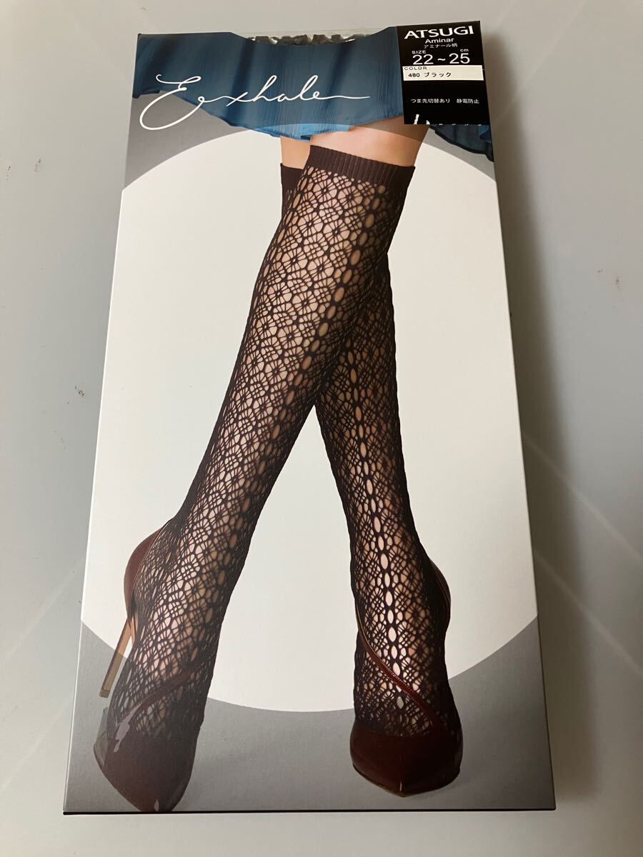 【送料無料】 atsugi exhale アミナール柄 ブラック ハイソックス アツギ 網 編み ネット デザイン high socks 黒 ショートストッキング拍卖