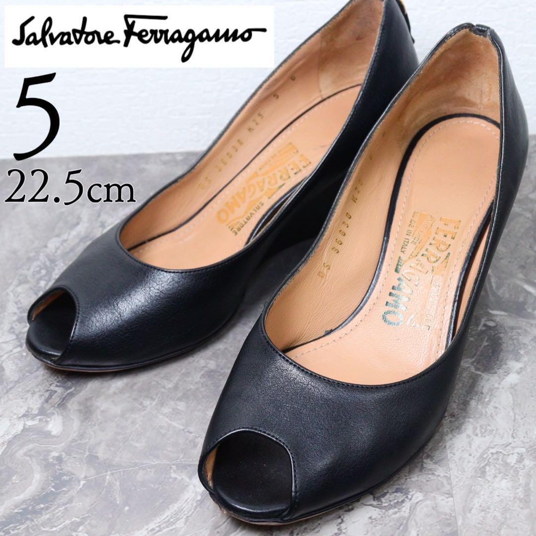 【美品】フェラガモ 22.5 オープントゥ パンプス ヴァラ ウェッジ レザー拍卖