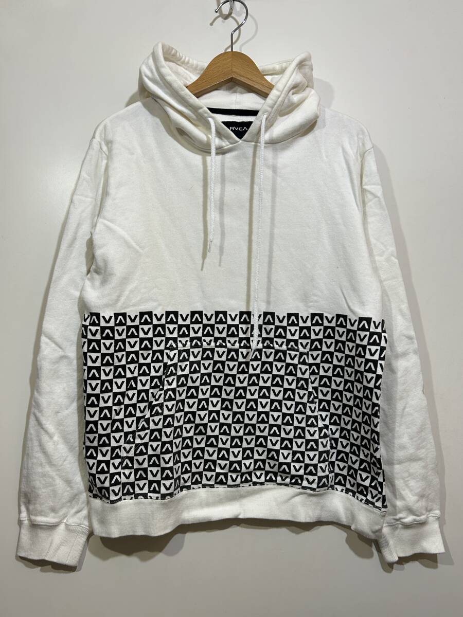 ★ RVCA ルーカ スウェット パーカー コットン プルオーバー S フーディー ハーフ総柄 白 ホワイト 黒 ブラック モノトーン サーフ系 拍卖