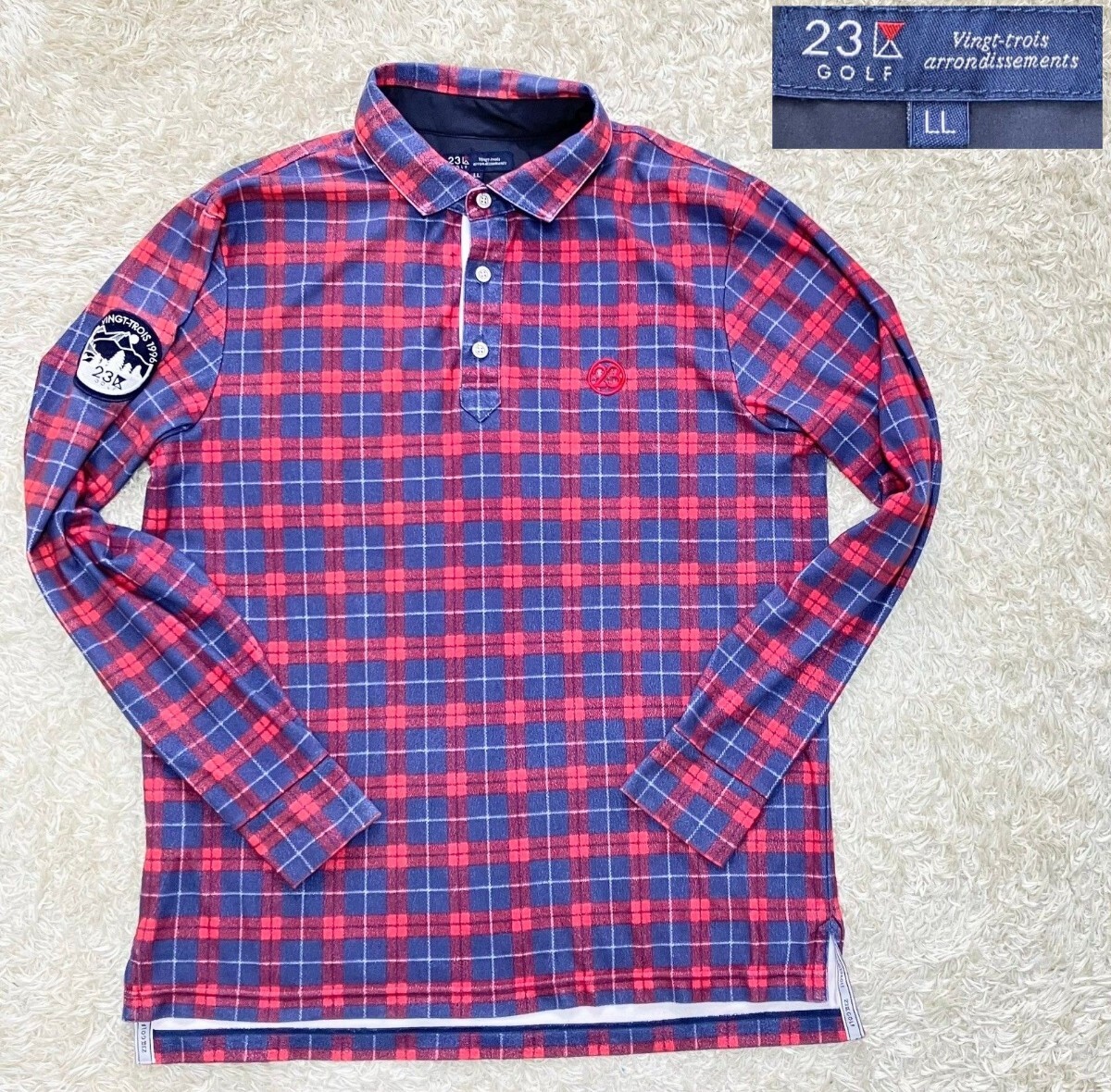 【大きいサイズLL★】23区GOLF 長袖フリースシャツ◆チェック柄転写プリント☆ゴルフ (1)拍卖