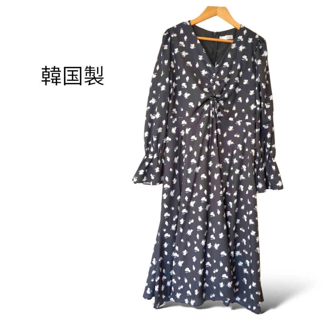 美品 韓国 ワンピース【XS相当】総柄 フラワー 黒拍卖