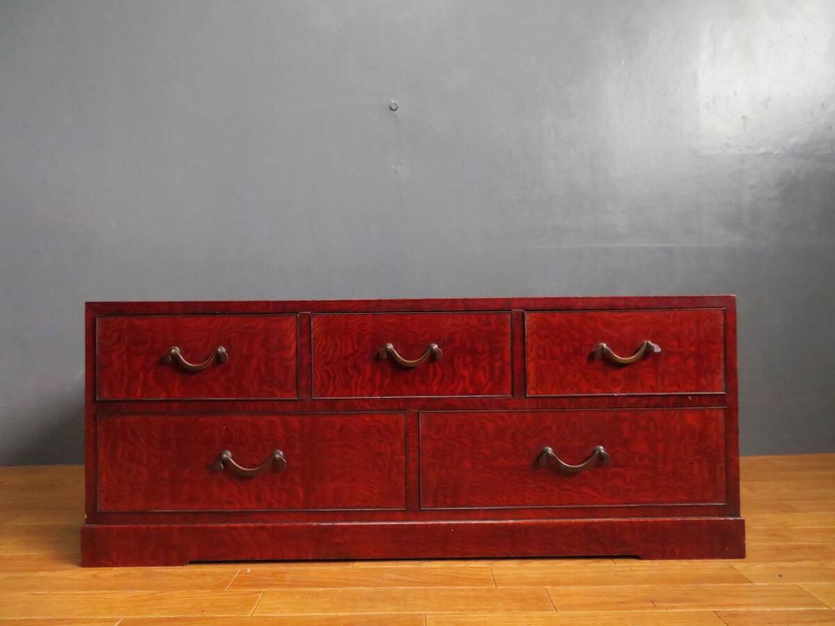 時代箪笥 タモ材 総無垢 庄内地方 引き出し 抽斗 中桐 生地漆塗り ローチェスト ローボード拍卖