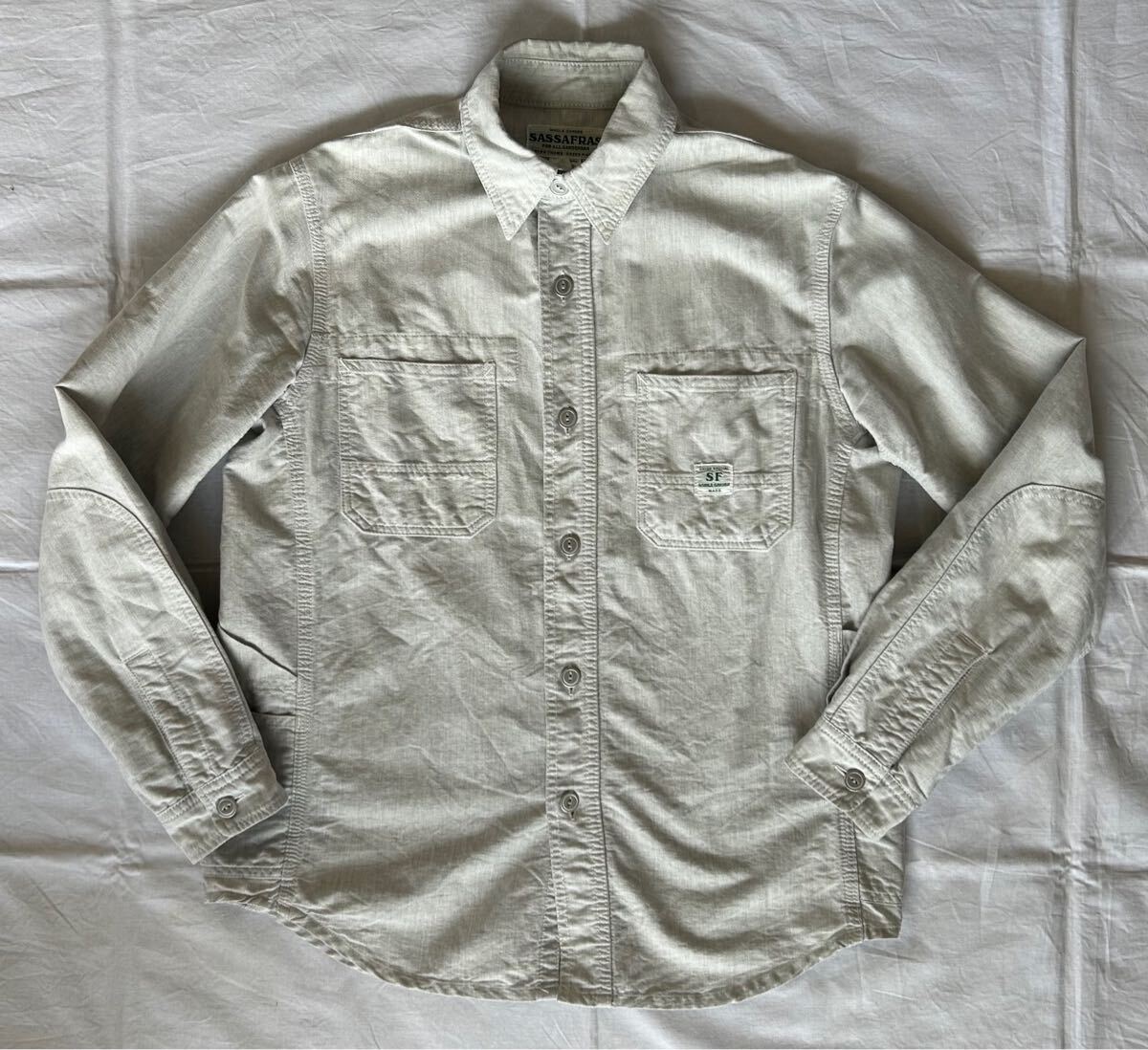 ササフラス sassafras ワークシャツ 長袖シャツ XS サイズ グレー メンズ 日本製 ガーデニング 古着 Made in Japan拍卖