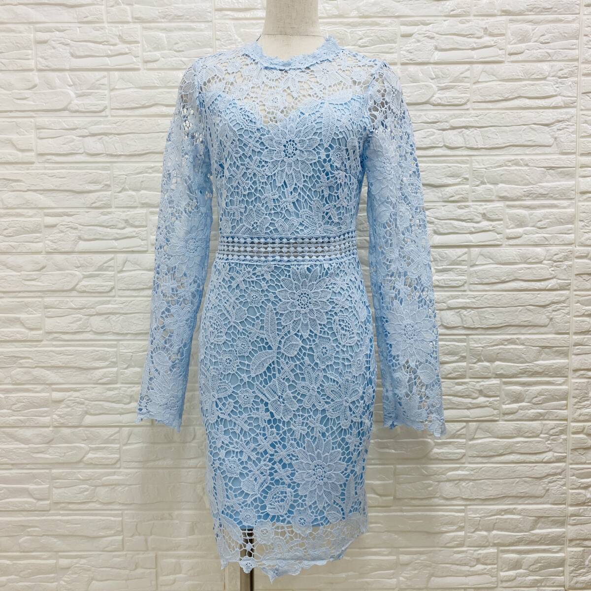 【295】EillyBazar レースワンピース サイズXS 水色 膝下 ワンピース タイトドレス パーティー 拍卖