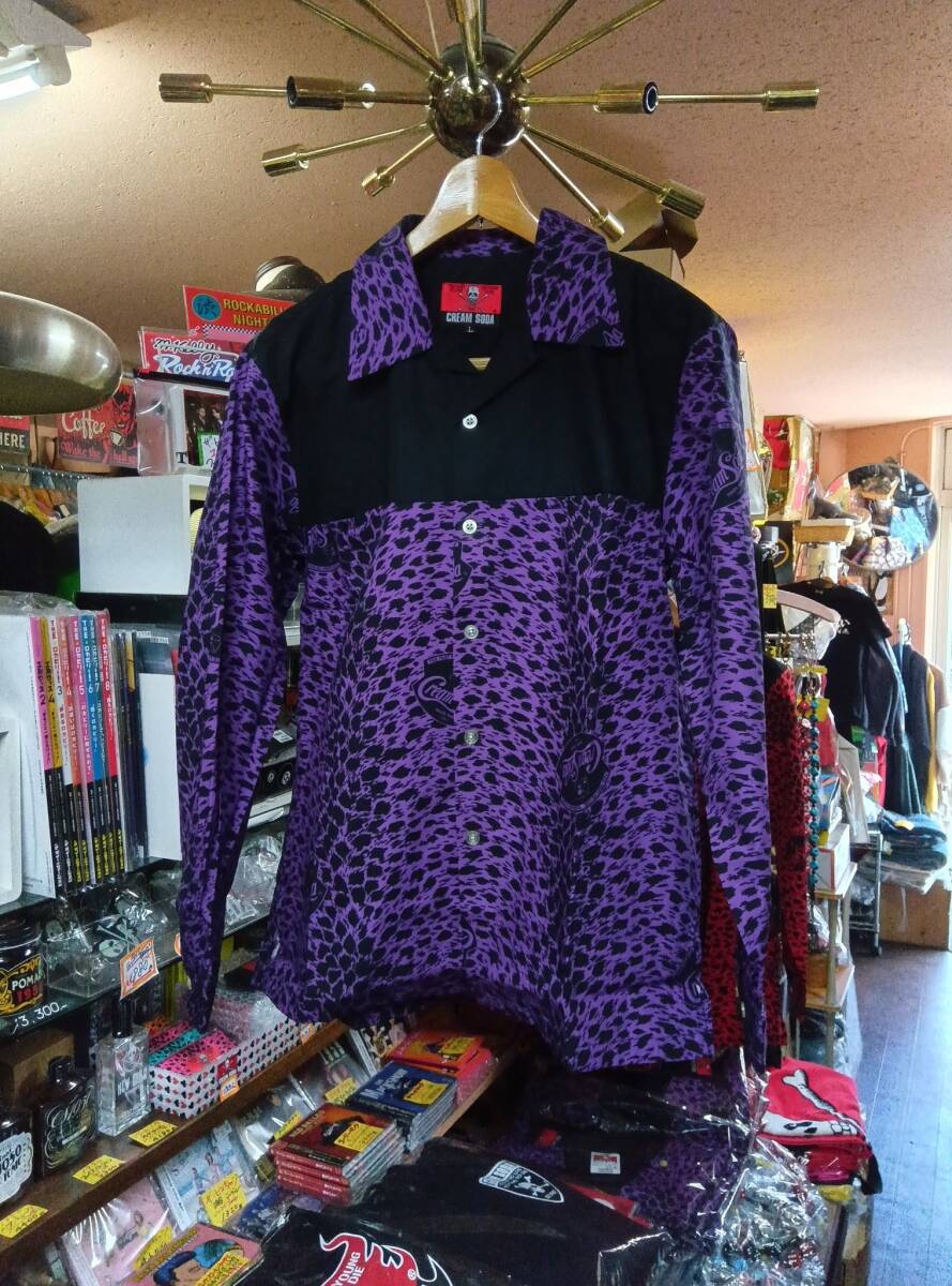 XLサイズクリームソーダヒョウ柄切り替えしシャツパープル色CREAMSODA検索用ロカビリーブラックキャッツピンクドラゴン昭和レトロガイコツ拍卖