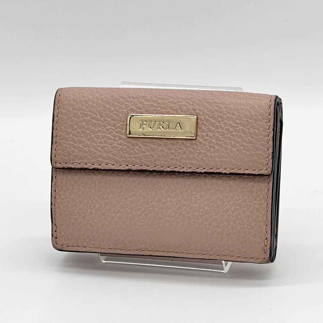 【美品】FURLA フルラ コンパクトウォレット 三つ折り財布 ミニ財布 レザー ロゴ金具 フォーマル ベージュ レディース AD060820F拍卖