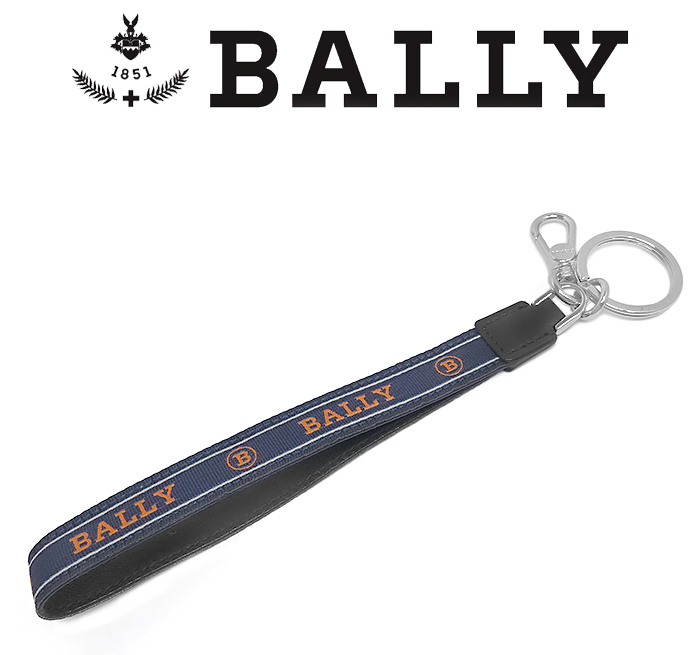 【送料無料 未使用 超美品】 バリー BALLY ハンドストラップ付き 2連 キーホルダー キーリング ロゴベルト キャンバス ネイビー シルバー拍卖